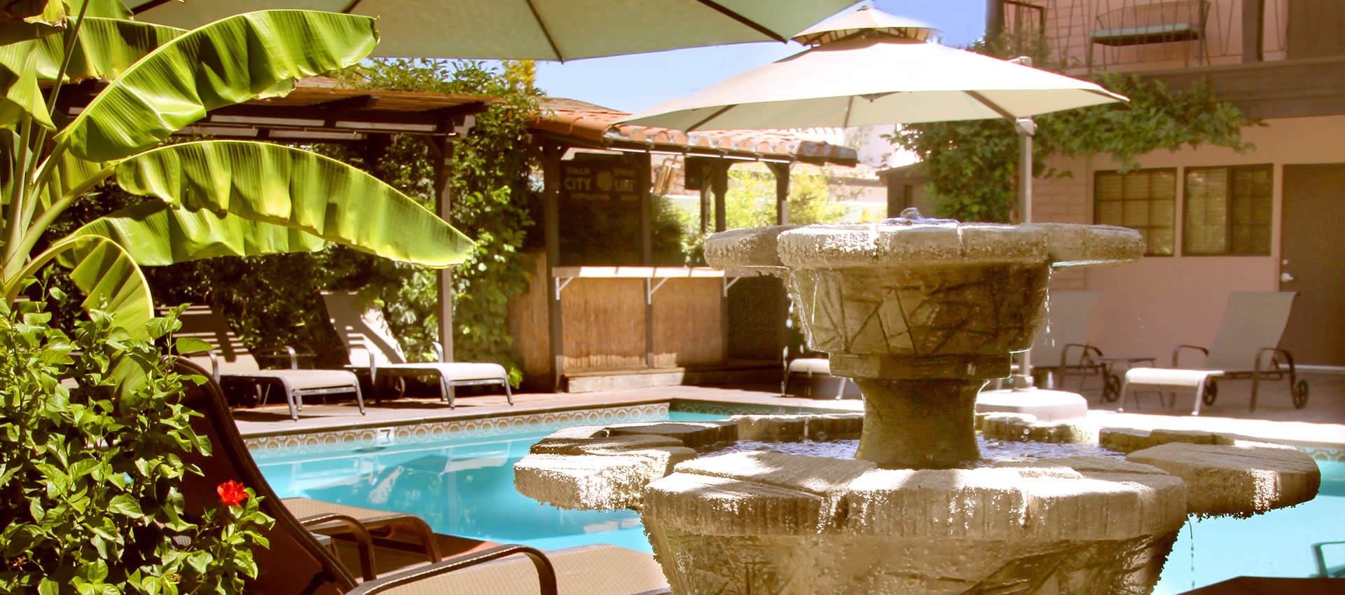 Hotel California patio fountain and pool